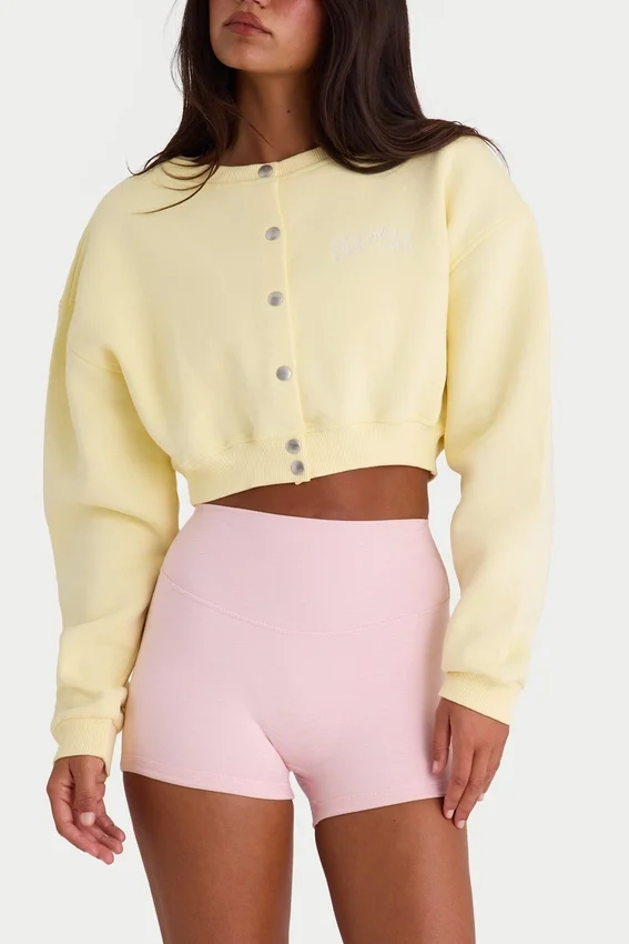 Brushed Jersey Button-Up Cropped Cardigan in Soft Yellow Brushed Jersey Button-Up Cropped Cardigan in Soft Yellow