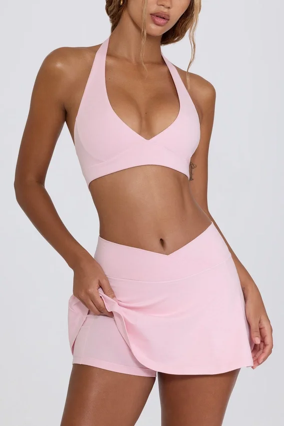 Brushed Jersey Crossover Mini Skort in Pale Pink Marl Brushed Jersey Crossover Mini Skort in Pale Pink Marl