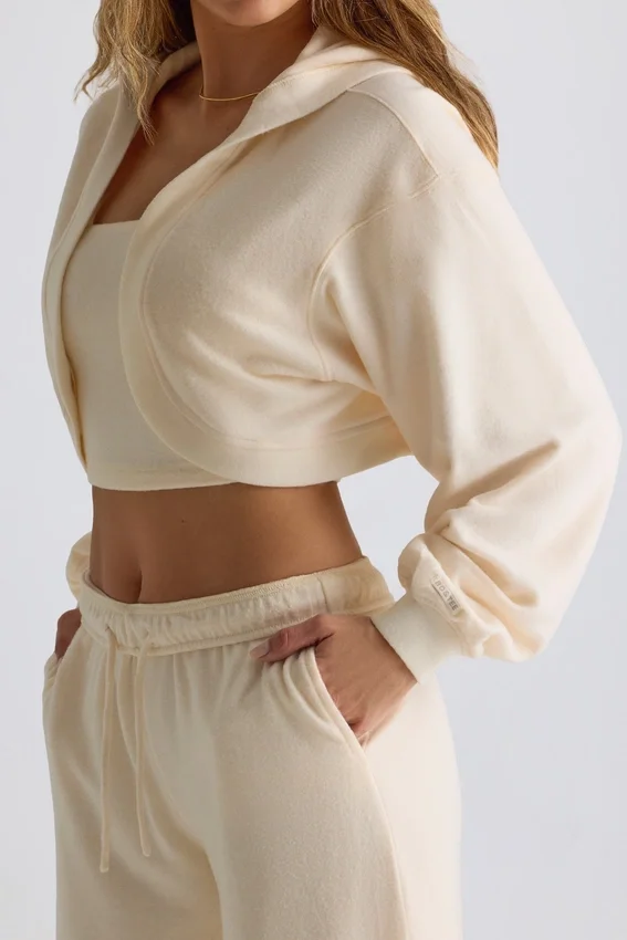 Brushed Jersey Hooded Cropped Shrug in Ecru Brushed Jersey Hooded Cropped Shrug in Ecru