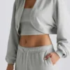 Brushed Jersey Hooded Cropped Shrug in Fog Grey Brushed Jersey Hooded Cropped Shrug in Fog Grey