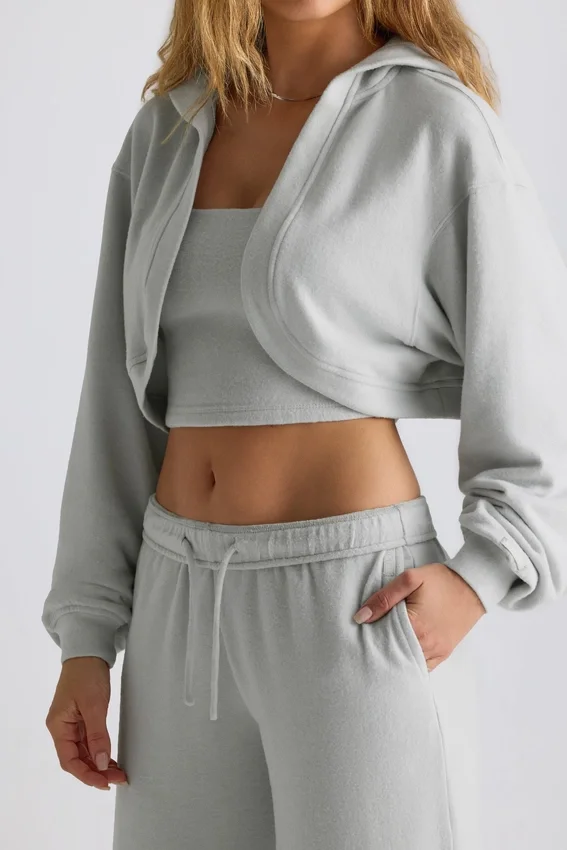 Brushed Jersey Hooded Cropped Shrug in Fog Grey Brushed Jersey Hooded Cropped Shrug in Fog Grey