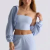 Brushed Jersey Hooded Cropped Shrug in Soft Blue Brushed Jersey Hooded Cropped Shrug in Soft Blue