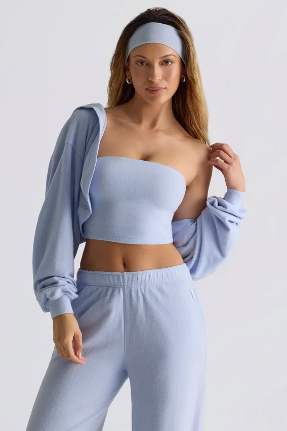 Brushed Jersey Hooded Cropped Shrug in Soft Blue Brushed Jersey Hooded Cropped Shrug in Soft Blue
