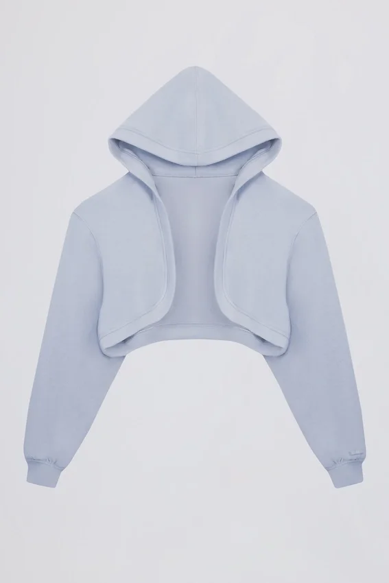 Brushed Jersey Hooded Cropped Shrug in Soft Blue Brushed Jersey Hooded Cropped Shrug in Soft Blue