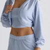 Brushed Jersey Hooded Cropped Shrug in Soft Blue Brushed Jersey Hooded Cropped Shrug in Soft Blue
