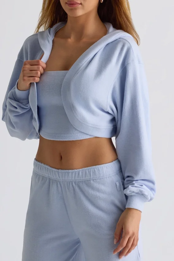 Brushed Jersey Hooded Cropped Shrug in Soft Blue Brushed Jersey Hooded Cropped Shrug in Soft Blue