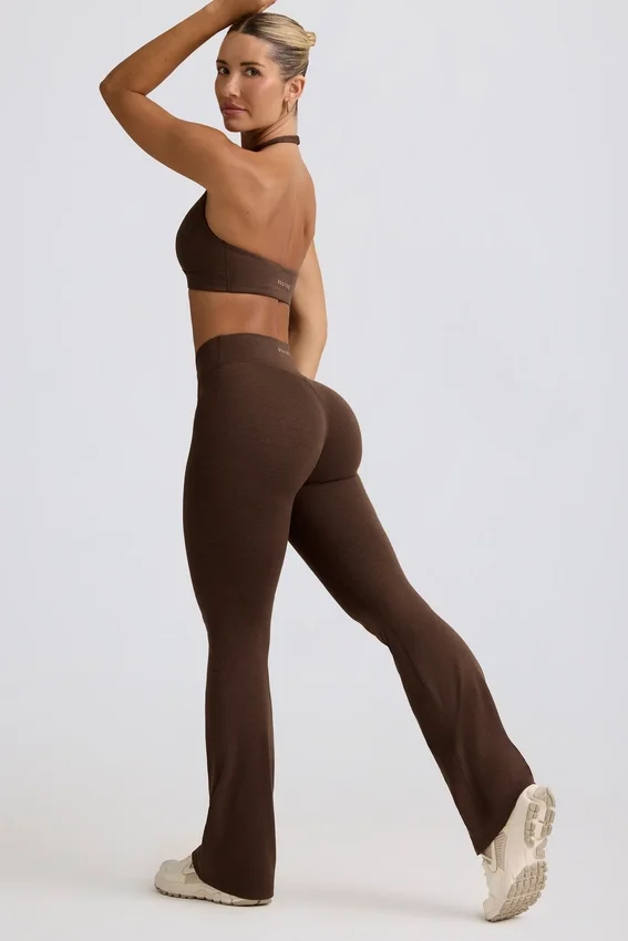 Brushed Jersey Ruched Flared Trousers in Pecan Marl Brushed Jersey Ruched Flared Trousers in Pecan Marl