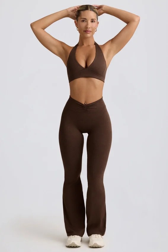 Brushed Jersey Ruched Flared Trousers in Pecan Marl Brushed Jersey Ruched Flared Trousers in Pecan Marl