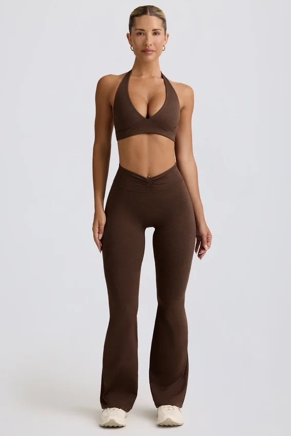 Brushed Jersey Ruched Flared Trousers in Pecan Marl Brushed Jersey Ruched Flared Trousers in Pecan Marl