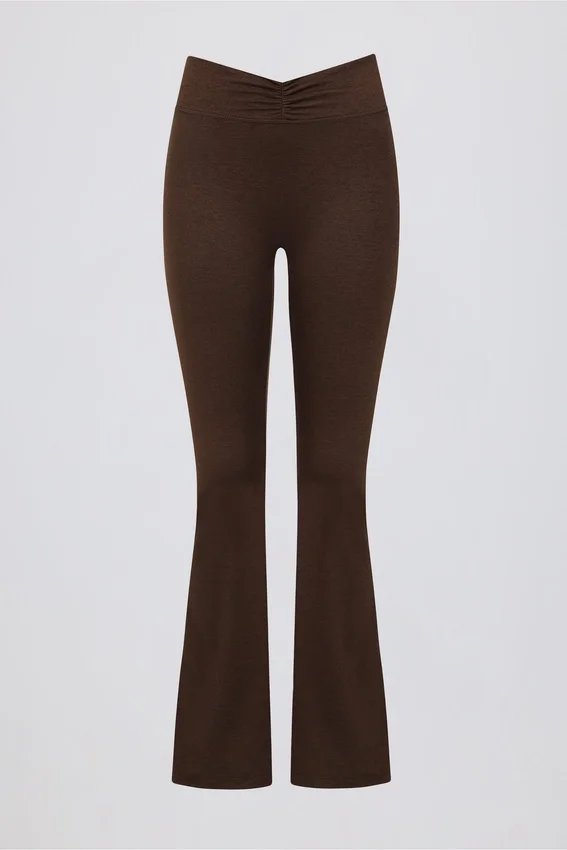 Brushed Jersey Ruched Flared Trousers in Pecan Marl Brushed Jersey Ruched Flared Trousers in Pecan Marl
