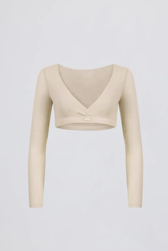 Brushed Jersey V-Neck Crop Top in Ecru Brushed Jersey V-Neck Crop Top in Ecru