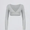 Brushed Jersey V-Neck Crop Top in Fog Grey Brushed Jersey V-Neck Crop Top in Fog Grey