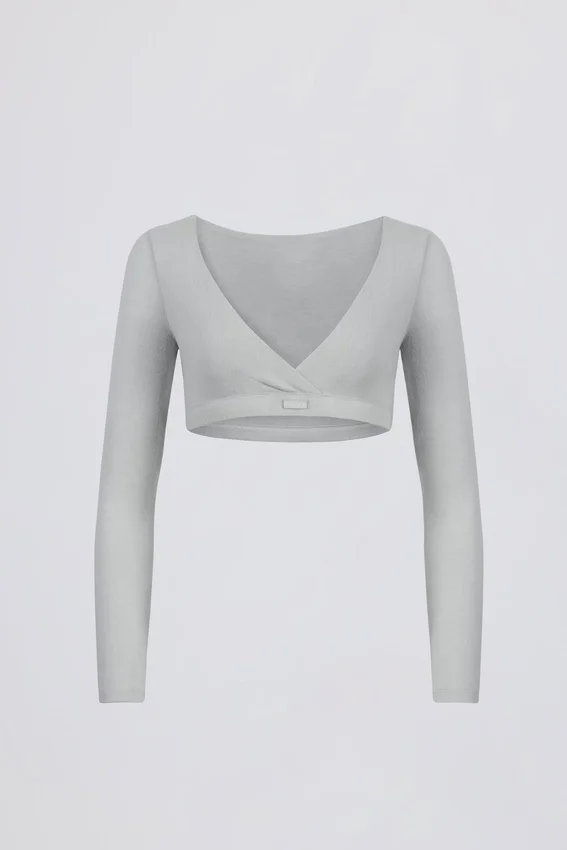Brushed Jersey V-Neck Crop Top in Fog Grey Brushed Jersey V-Neck Crop Top in Fog Grey