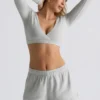 Brushed Jersey V-Neck Crop Top in Fog Grey Brushed Jersey V-Neck Crop Top in Fog Grey