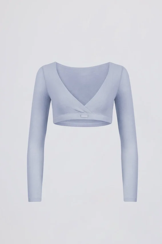 Brushed Jersey V-Neck Crop Top in Soft Blue Brushed Jersey V-Neck Crop Top in Soft Blue