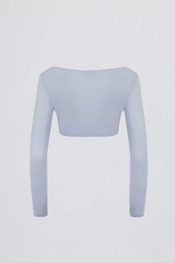 Brushed Jersey V-Neck Crop Top in Soft Blue Brushed Jersey V-Neck Crop Top in Soft Blue