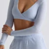 Brushed Jersey V-Neck Crop Top in Soft Blue Brushed Jersey V-Neck Crop Top in Soft Blue