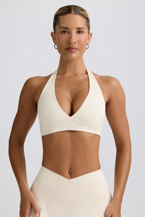 Brushed Jersey V-Neck Sports Bra in Ivory Marl Brushed Jersey V-Neck Sports Bra in Ivory Marl