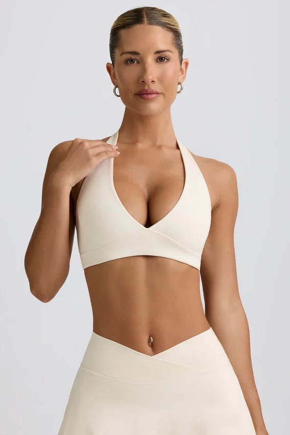 Brushed Jersey V-Neck Sports Bra in Ivory Marl Brushed Jersey V-Neck Sports Bra in Ivory Marl