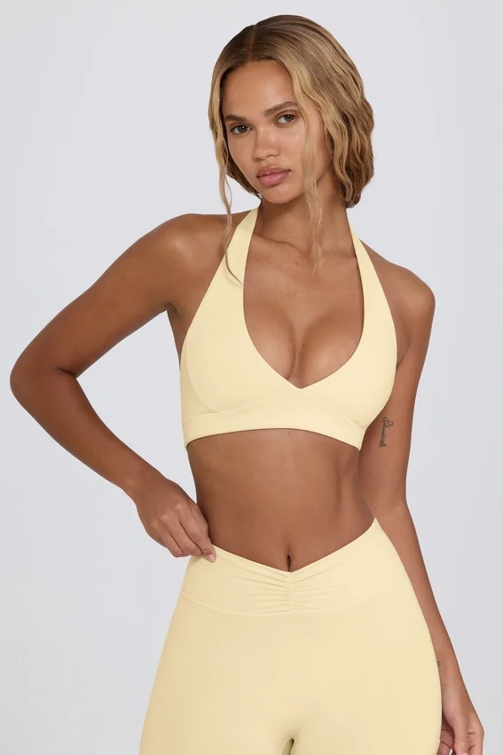 Brushed Jersey V-Neck Sports Bra in Lemon Marl Brushed Jersey V-Neck Sports Bra in Lemon Marl