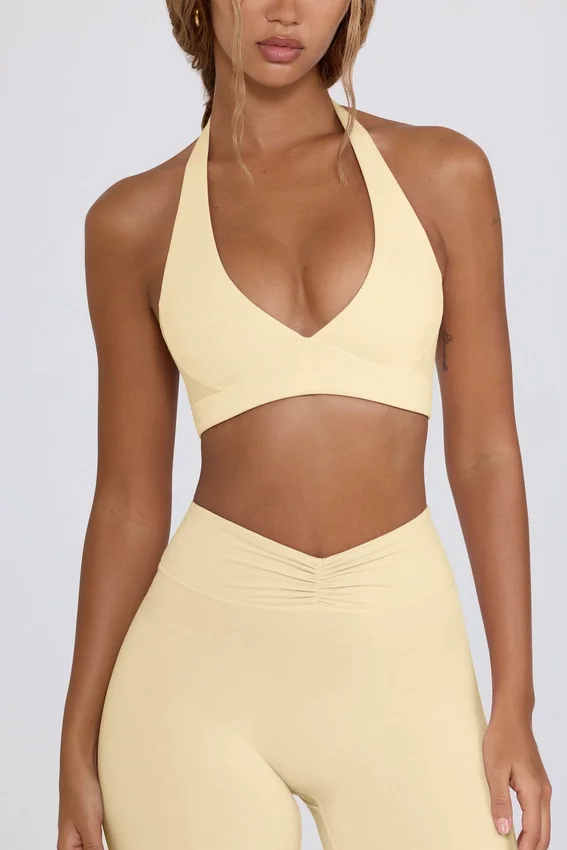 Brushed Jersey V-Neck Sports Bra in Lemon Marl Brushed Jersey V-Neck Sports Bra in Lemon Marl
