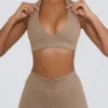 Brushed Jersey V-Neck Sports Bra in Mocha Marl Brushed Jersey V-Neck Sports Bra in Mocha Marl