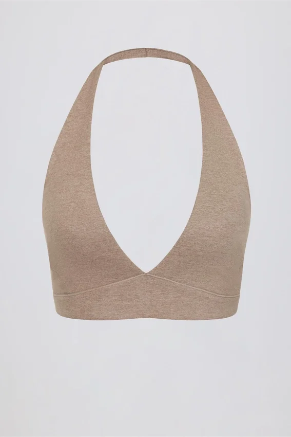 Brushed Jersey V-Neck Sports Bra in Mocha Marl Brushed Jersey V-Neck Sports Bra in Mocha Marl