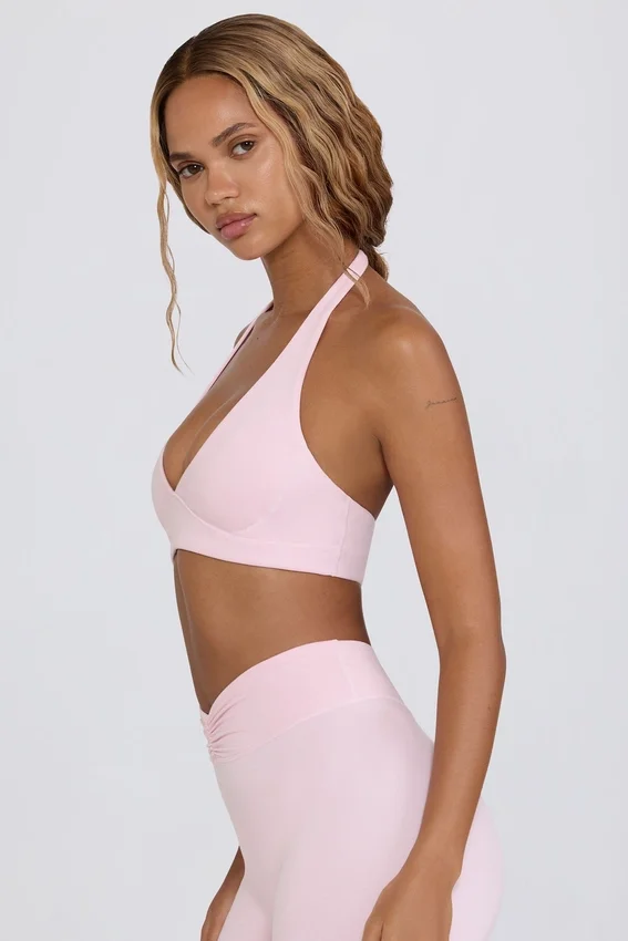 Brushed Jersey V-Neck Sports Bra in Pale Pink Marl Brushed Jersey V-Neck Sports Bra in Pale Pink Marl