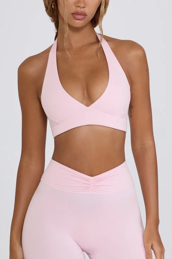 Brushed Jersey V-Neck Sports Bra in Pale Pink Marl Brushed Jersey V-Neck Sports Bra in Pale Pink Marl