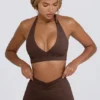 Brushed Jersey V-Neck Sports Bra in Pecan Marl Brushed Jersey V-Neck Sports Bra in Pecan Marl