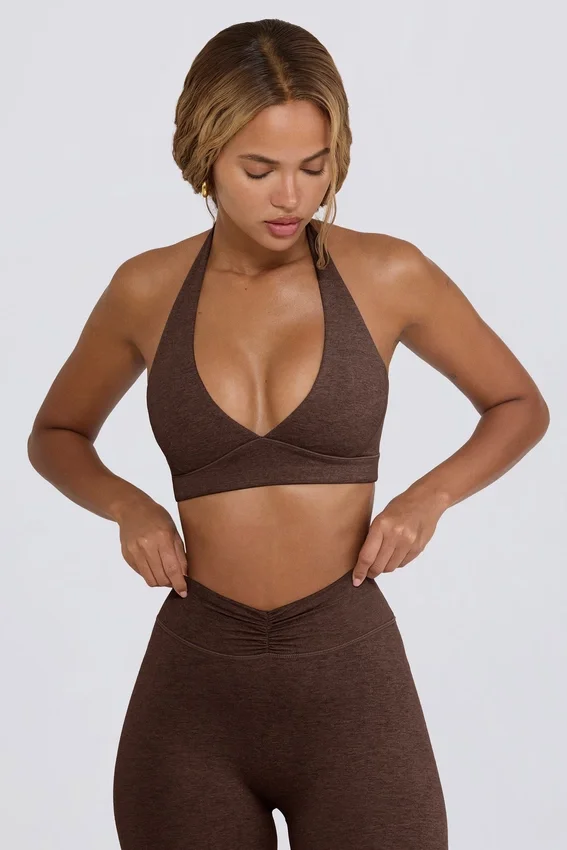 Brushed Jersey V-Neck Sports Bra in Pecan Marl Brushed Jersey V-Neck Sports Bra in Pecan Marl