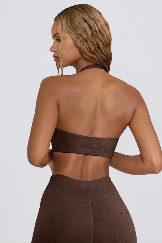 Brushed Jersey V-Neck Sports Bra in Pecan Marl Brushed Jersey V-Neck Sports Bra in Pecan Marl