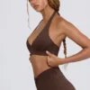 Brushed Jersey V-Neck Sports Bra in Pecan Marl Brushed Jersey V-Neck Sports Bra in Pecan Marl