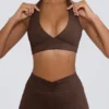 Brushed Jersey V-Neck Sports Bra in Pecan Marl Brushed Jersey V-Neck Sports Bra in Pecan Marl