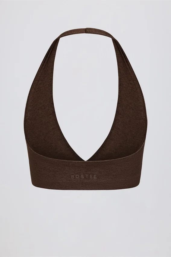 Brushed Jersey V-Neck Sports Bra in Pecan Marl Brushed Jersey V-Neck Sports Bra in Pecan Marl