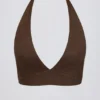 Brushed Jersey V-Neck Sports Bra in Pecan Marl Brushed Jersey V-Neck Sports Bra in Pecan Marl