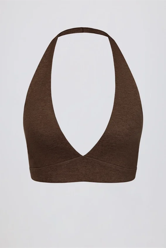 Brushed Jersey V-Neck Sports Bra in Pecan Marl Brushed Jersey V-Neck Sports Bra in Pecan Marl