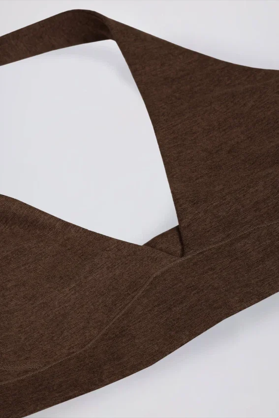 Brushed Jersey V-Neck Sports Bra in Pecan Marl Brushed Jersey V-Neck Sports Bra in Pecan Marl