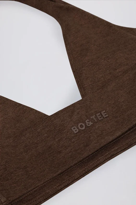 Brushed Jersey V-Neck Sports Bra in Pecan Marl Brushed Jersey V-Neck Sports Bra in Pecan Marl