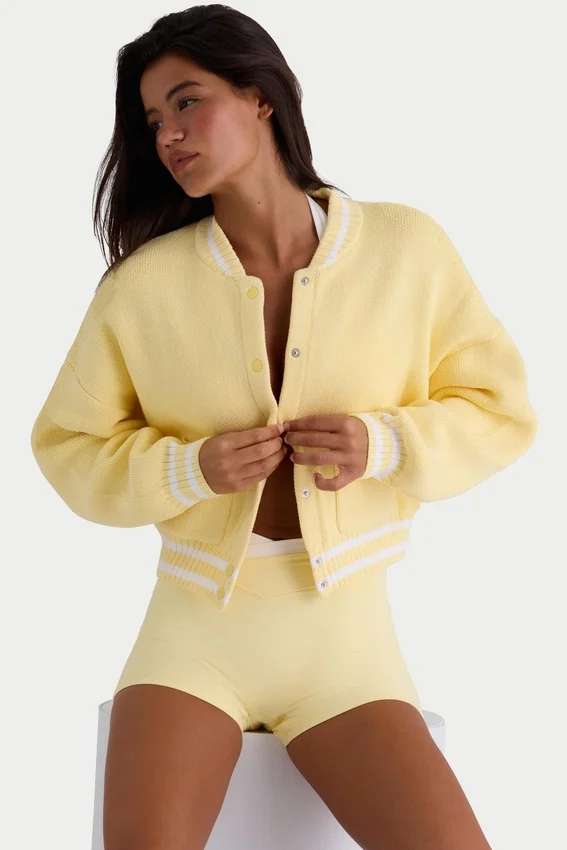 Button-Up Cropped Knit Cardigan in Soft Yellow Button-Up Cropped Knit Cardigan in Soft Yellow