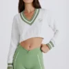 Cable Knit Cotton Cropped Jumper in Green Ivory Cable Knit Cotton Cropped Jumper in Green Ivory