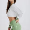 Cable Knit Cotton Cropped Jumper in Green Ivory Cable Knit Cotton Cropped Jumper in Green Ivory