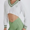 Cable Knit Cotton Cropped Jumper in Green Ivory Cable Knit Cotton Cropped Jumper in Green Ivory
