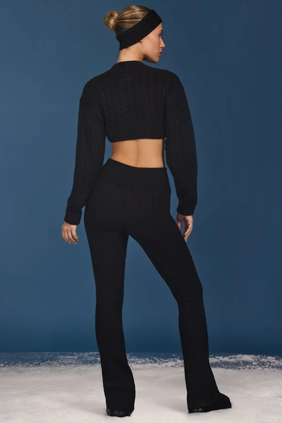 Cable Knit Foldover Flared Trousers in Black Cable Knit Foldover Flared Trousers in Black
