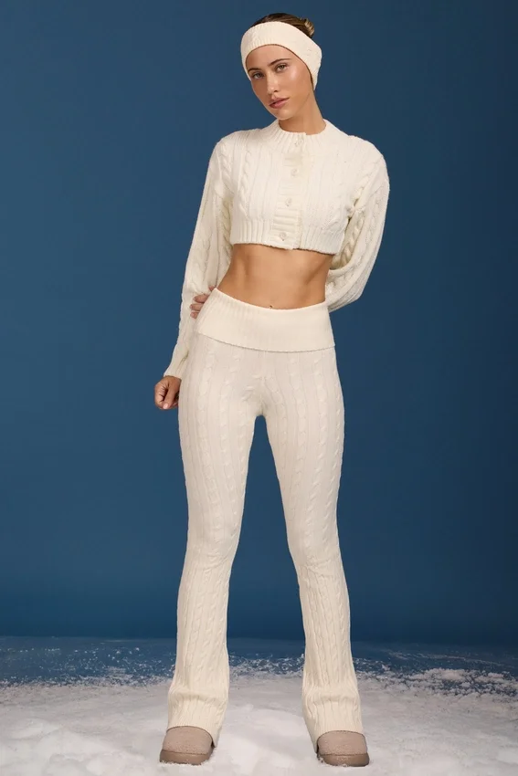 Cable Knit Foldover Flared Trousers in Cream Cable Knit Foldover Flared Trousers in Cream