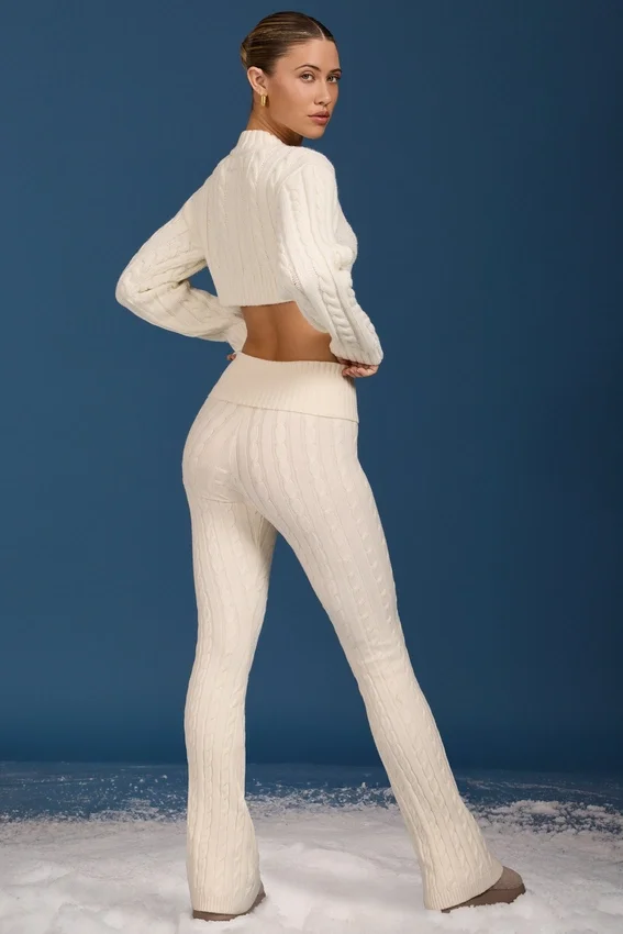 Cable Knit Foldover Flared Trousers in Cream Cable Knit Foldover Flared Trousers in Cream