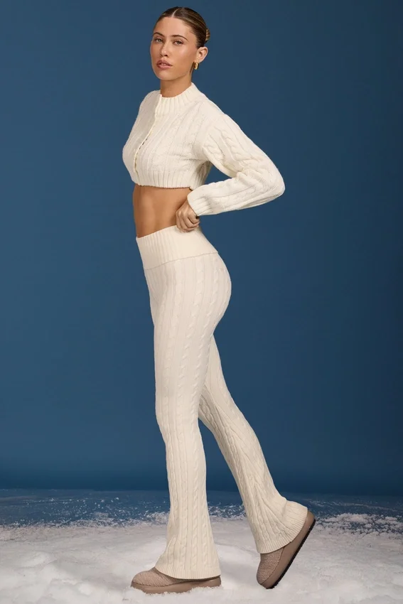 Cable Knit Foldover Flared Trousers in Cream Cable Knit Foldover Flared Trousers in Cream