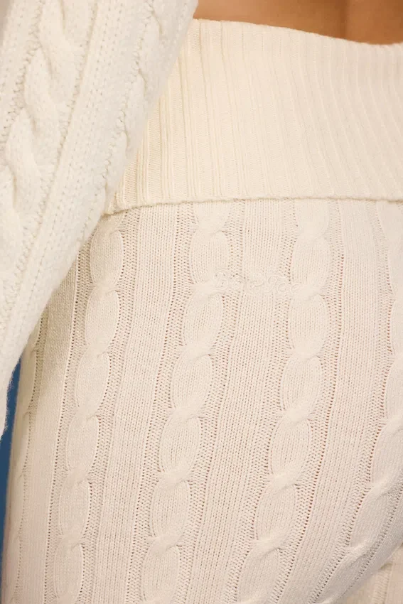 Cable Knit Foldover Flared Trousers in Cream Cable Knit Foldover Flared Trousers in Cream