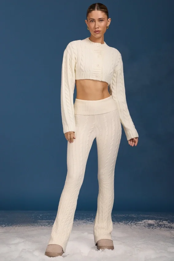 Cable Knit Foldover Flared Trousers in Cream Cable Knit Foldover Flared Trousers in Cream