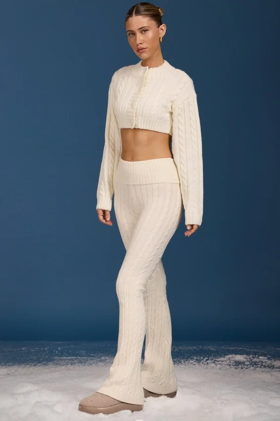 Cable Knit Foldover Flared Trousers in Cream Cable Knit Foldover Flared Trousers in Cream